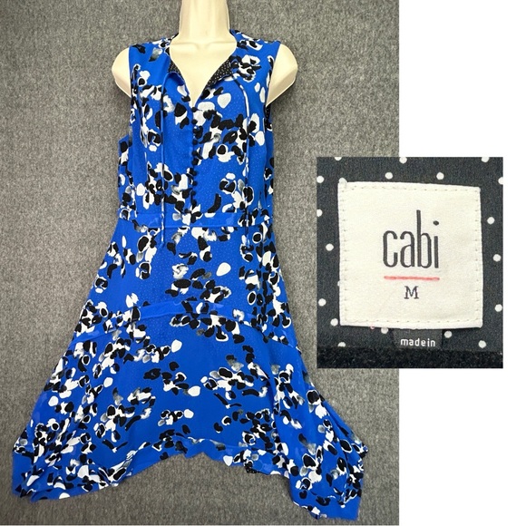 Cabi Blue Abatract Untamed Print w Polka Dot Lining Dress, Sharkbite Hem Sz Med - Picture 1 of 16